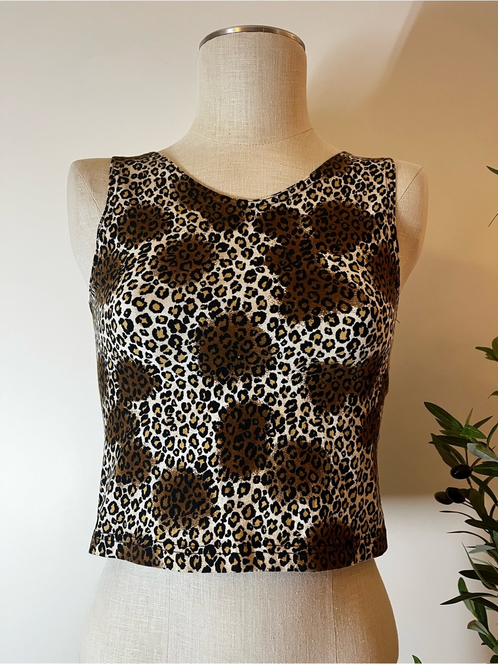 Vintage Leopard Print High Neck Scoop Back Crop Tank Top - Beige Brown